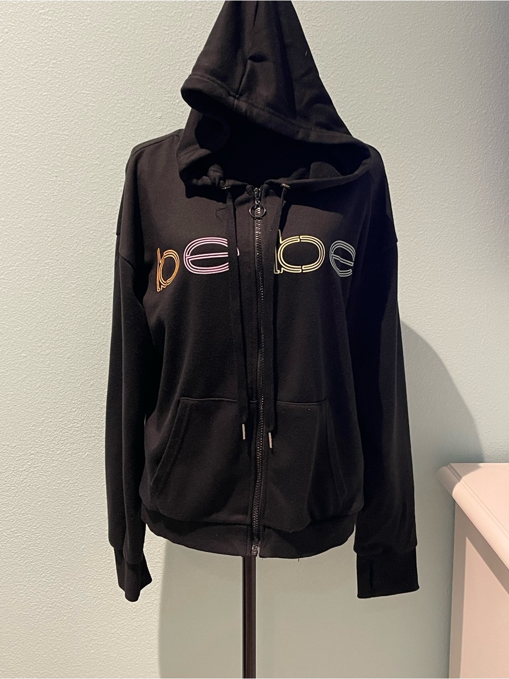 bebe Black Zip-Up Hoodie with Multicolor Logo